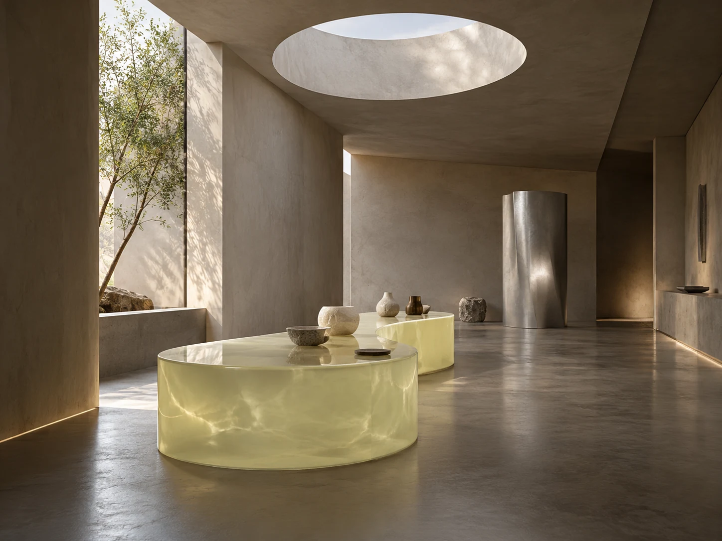 A circular opening brings light into a mineral space.